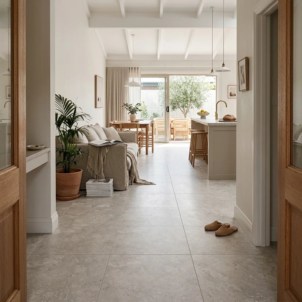 BT3452 CROSS LIGHT GREY 600X600 MATT SMOOTHGRIP — open-plan living + dining + kitchen