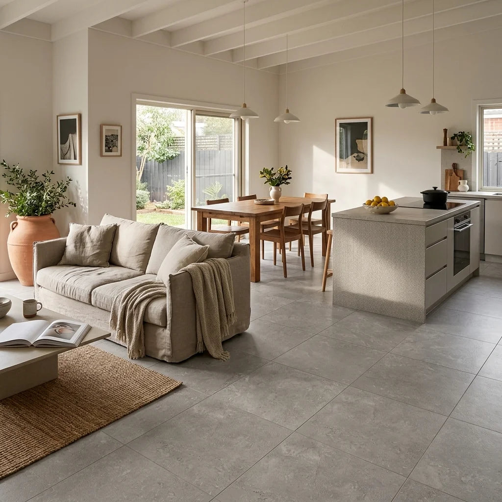 BT3453 CROSS MID GREY 600X600 MATT SMOOTHGRIP — open-plan living + dining + kitchen