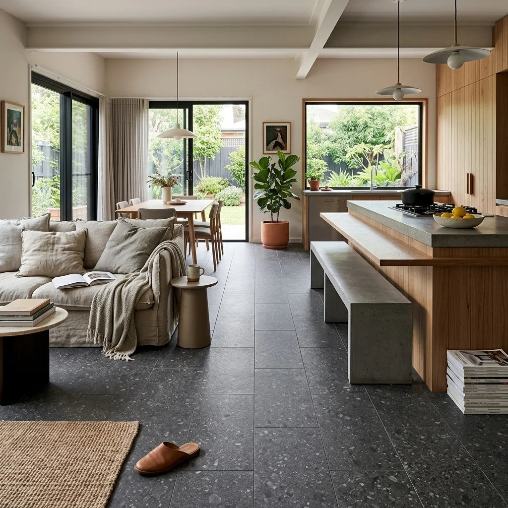 BT392-3 EXPOSED CHARCOAL 300X600 MATT — open-plan living + dining + kitchen