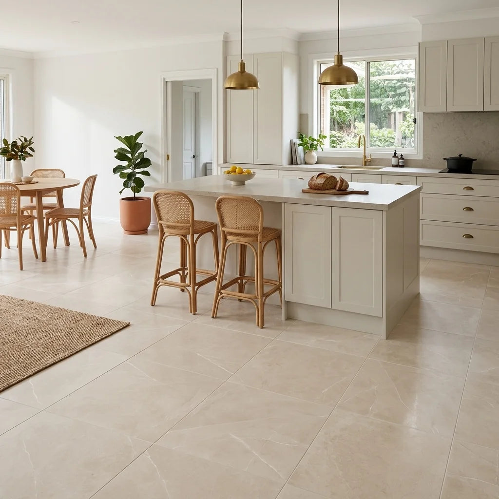 BT4019 DIOR CREAM 600X600 POLISHED — open-plan kitchen
