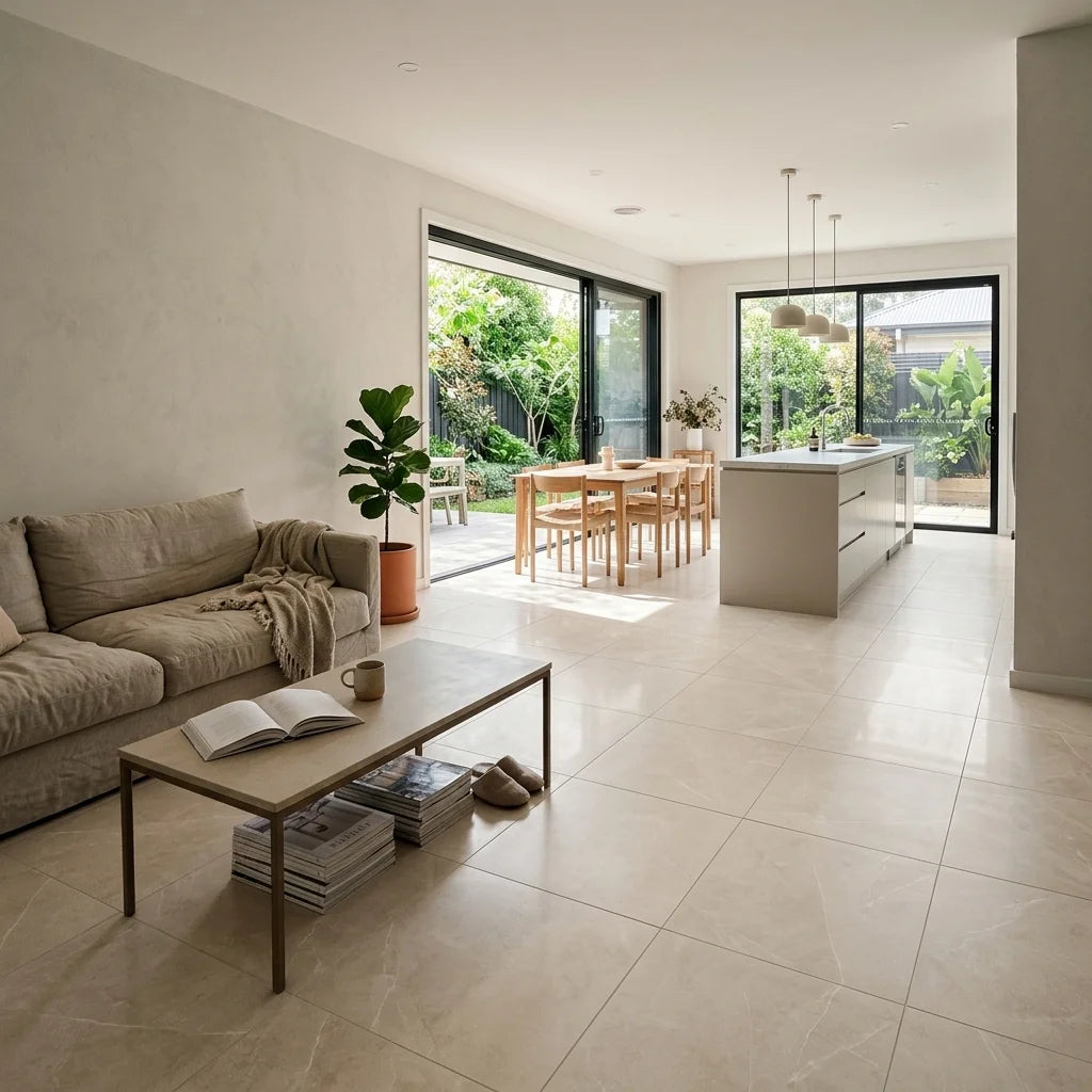 BT4019 DIOR CREAM 600X600 POLISHED — open-plan living + dining + kitchen