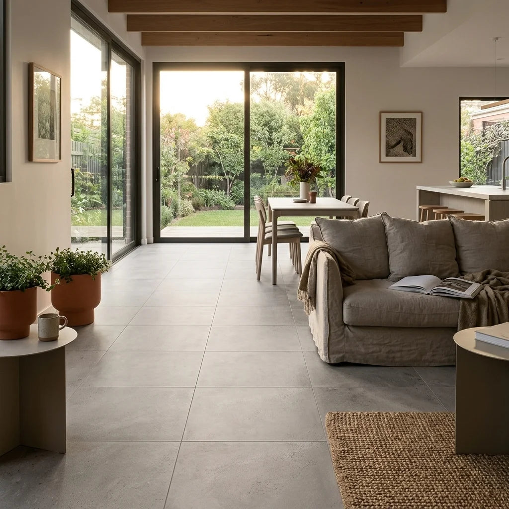 BT4030 KIARA GREY 600X600 MATT — open-plan living + dining + kitchen