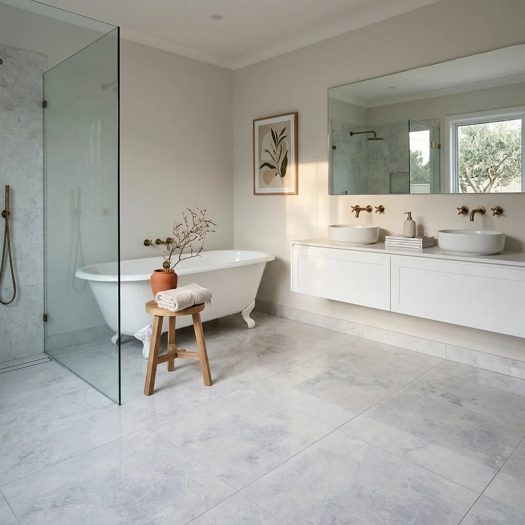 BT4032 PARADISE TUNDRA WHITE 600X600 POLISHED — ensuite bathroom