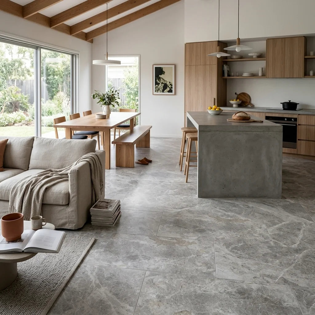 BHCS111 / BT4038 TUNDRA GREY 600X1200 SMOOTH GRIP — open-plan living + dining + kitchen