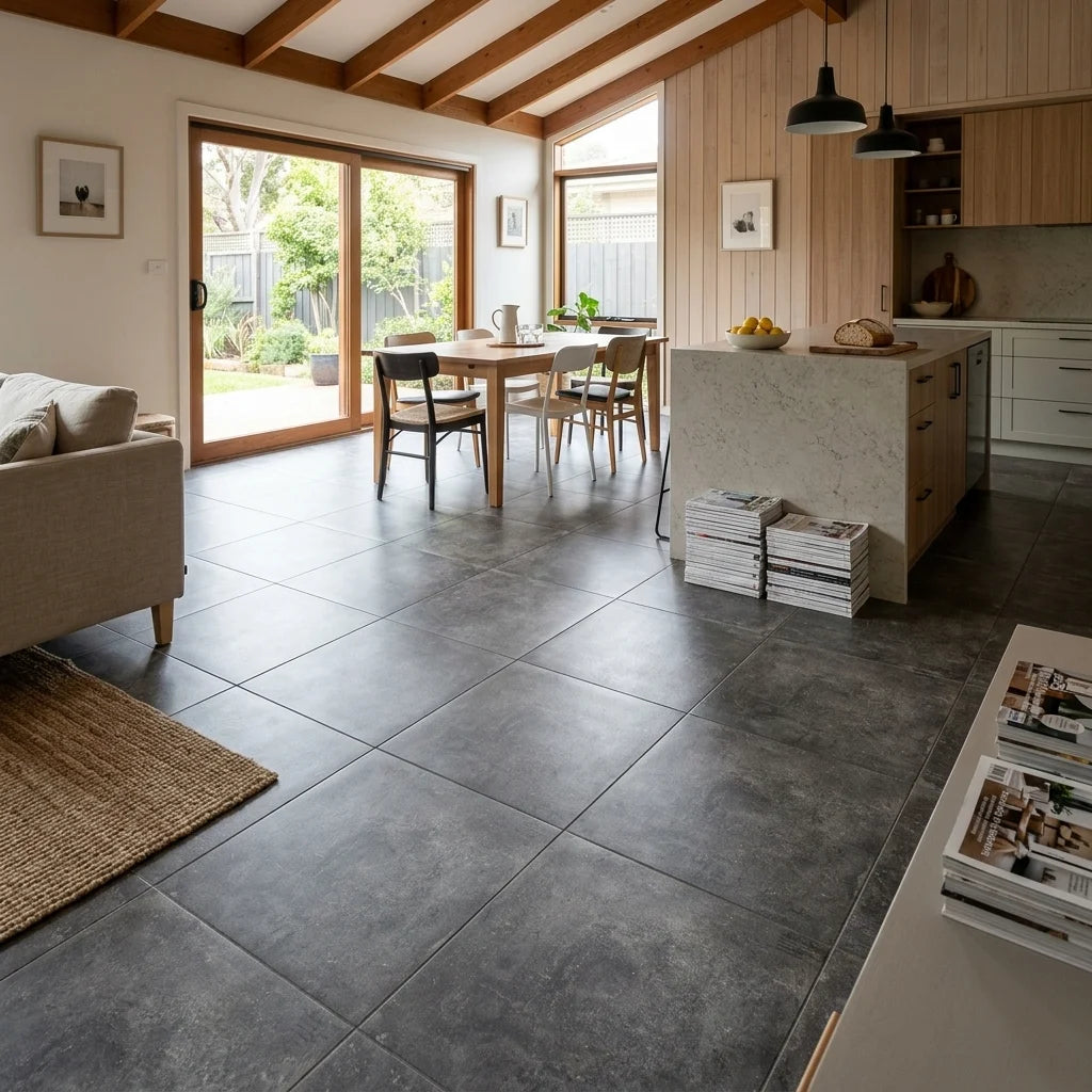 BT429 EARTH CHARCOAL 600X600 MATT — open-plan living + dining + kitchen