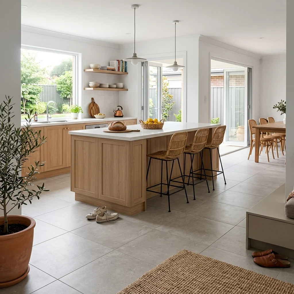BT431 EARTH LIGHT GREY 600X600 MATT — open-plan kitchen