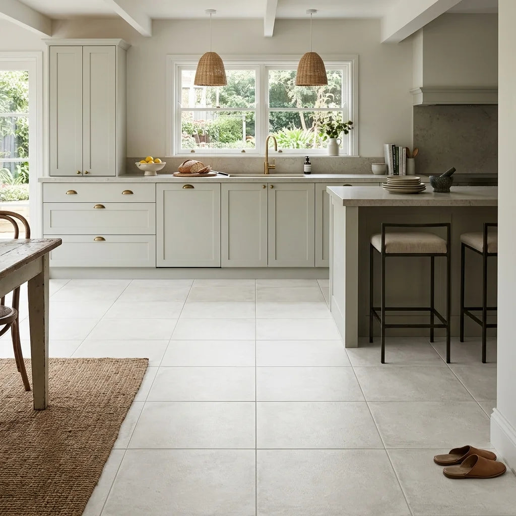 BT433 EARTH WHITE 600X600 MATT — open-plan kitchen
