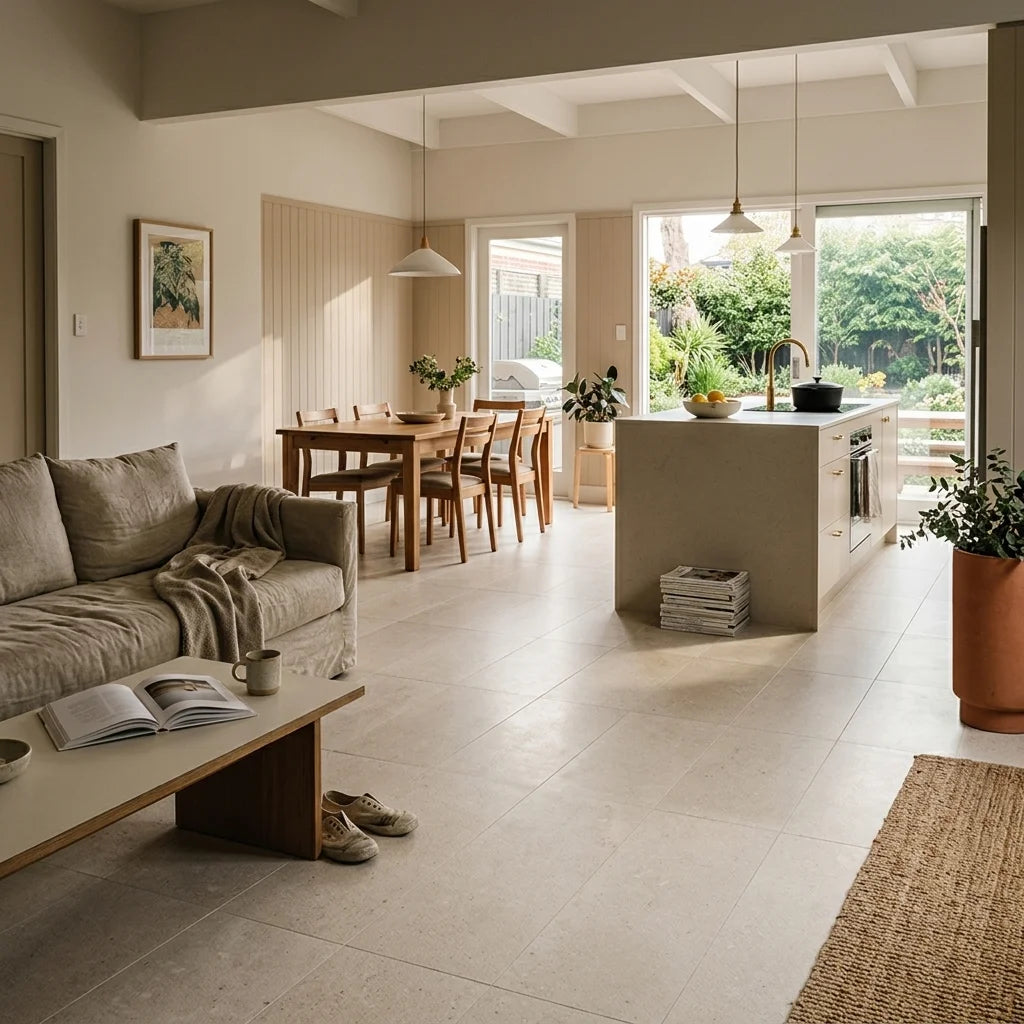 BT547-3 NORA WHITE 300X600 MATT — open-plan living + dining + kitchen