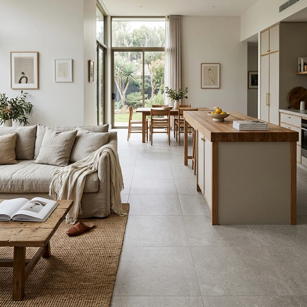 BT548 NORA SILVER 600X600 MATT — open-plan living + dining + kitchen
