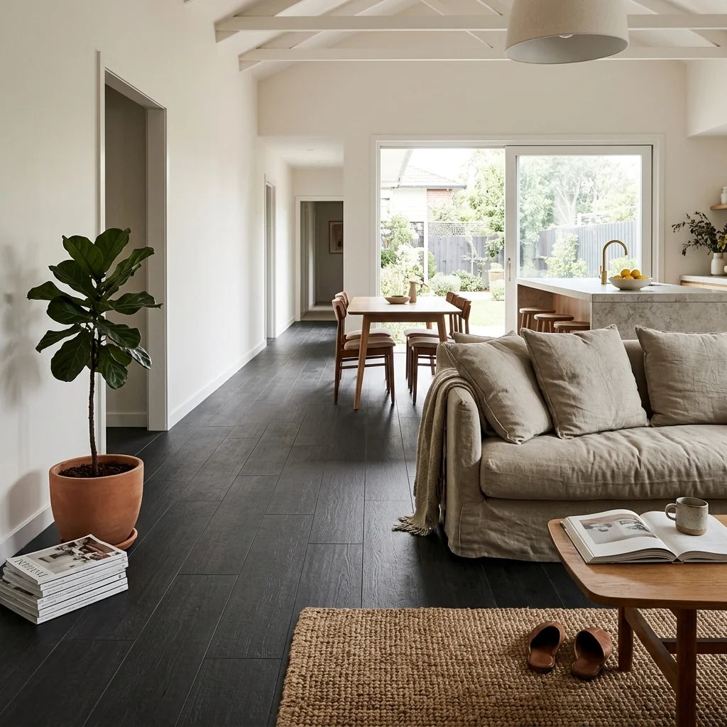 BT551 FIREWOOD CHARCOAL 1200X200 MATT — open-plan living + dining + kitchen