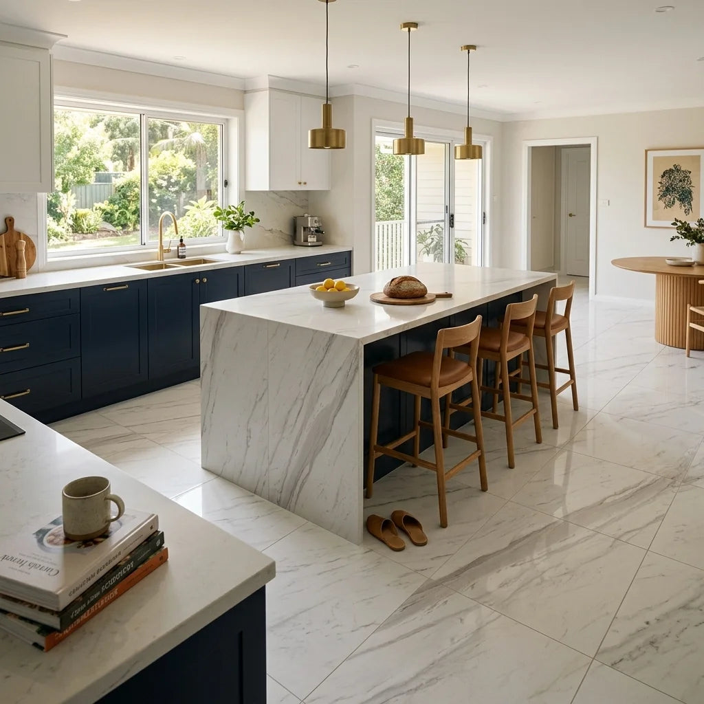 BT555 MYSTERY WHITE 1200X600 POLISHED — open-plan kitchen