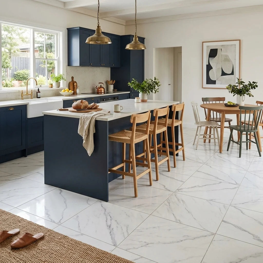 BT573 STONE POLISH CARRARA 600X600 POLISHED — open-plan kitchen