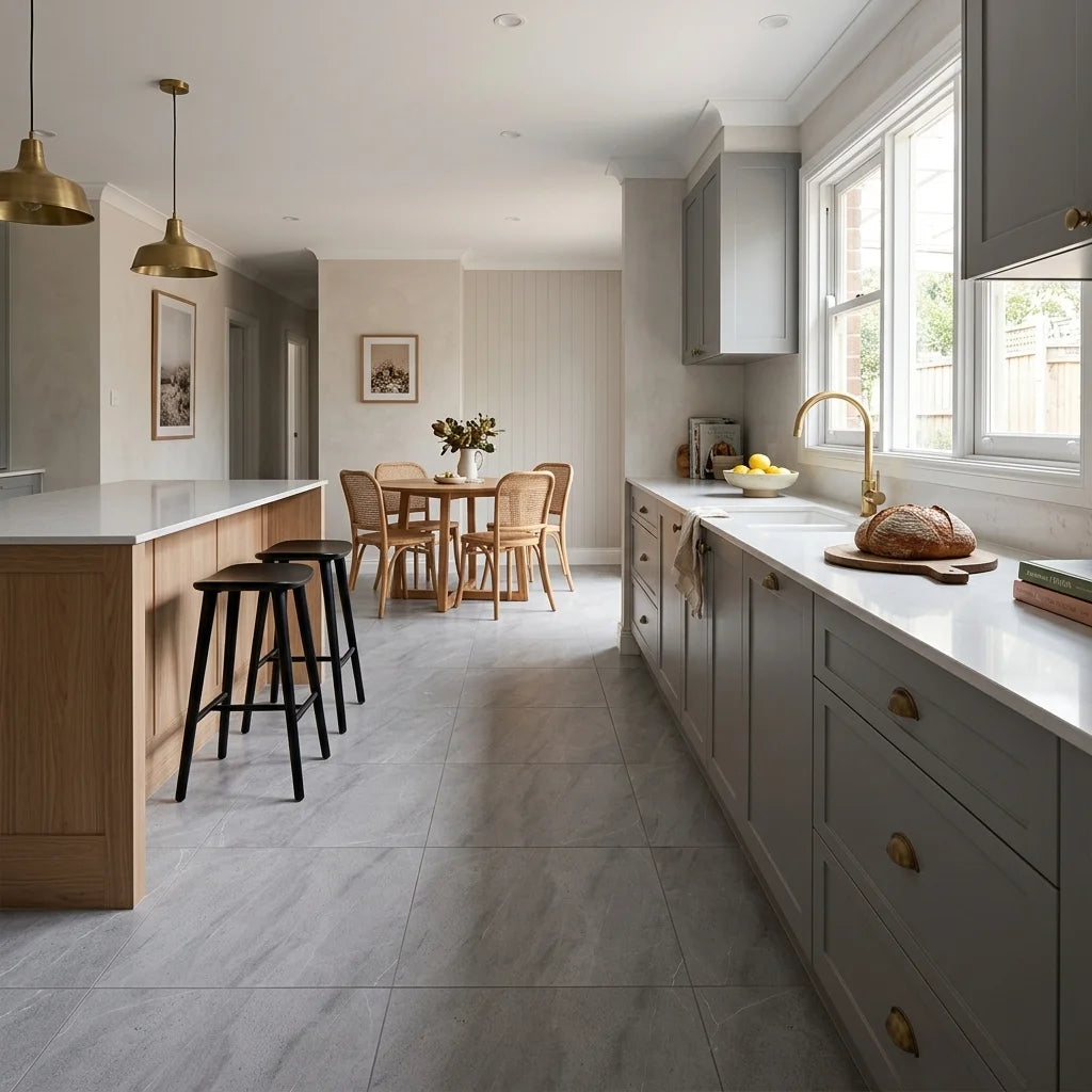 BT574 STONE M GREY 600X600 POLISHED — open-plan kitchen