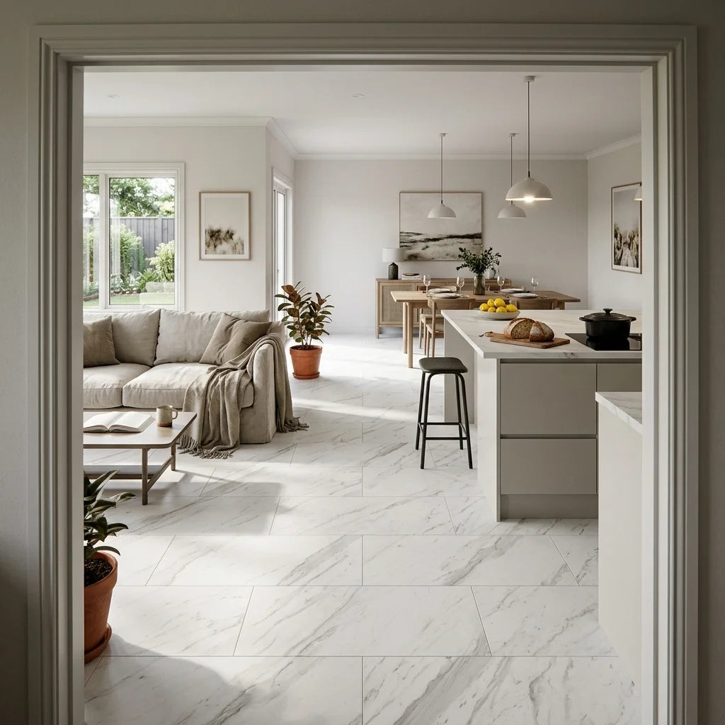 BT583 MYSTERY WHITE 1200X600 SATIN — open-plan living + dining + kitchen