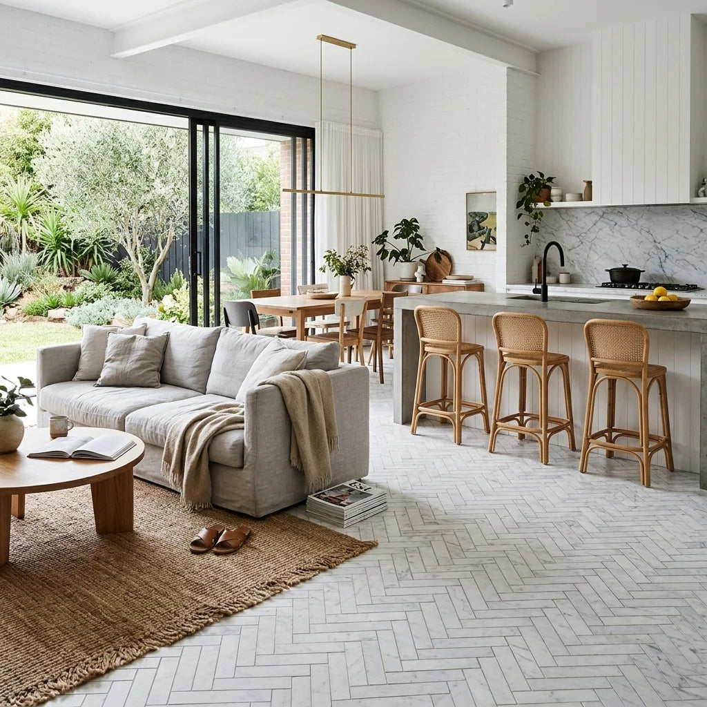 BT620 CALACUTTA LONG HERRINGBONE — open-plan living + dining + kitchen