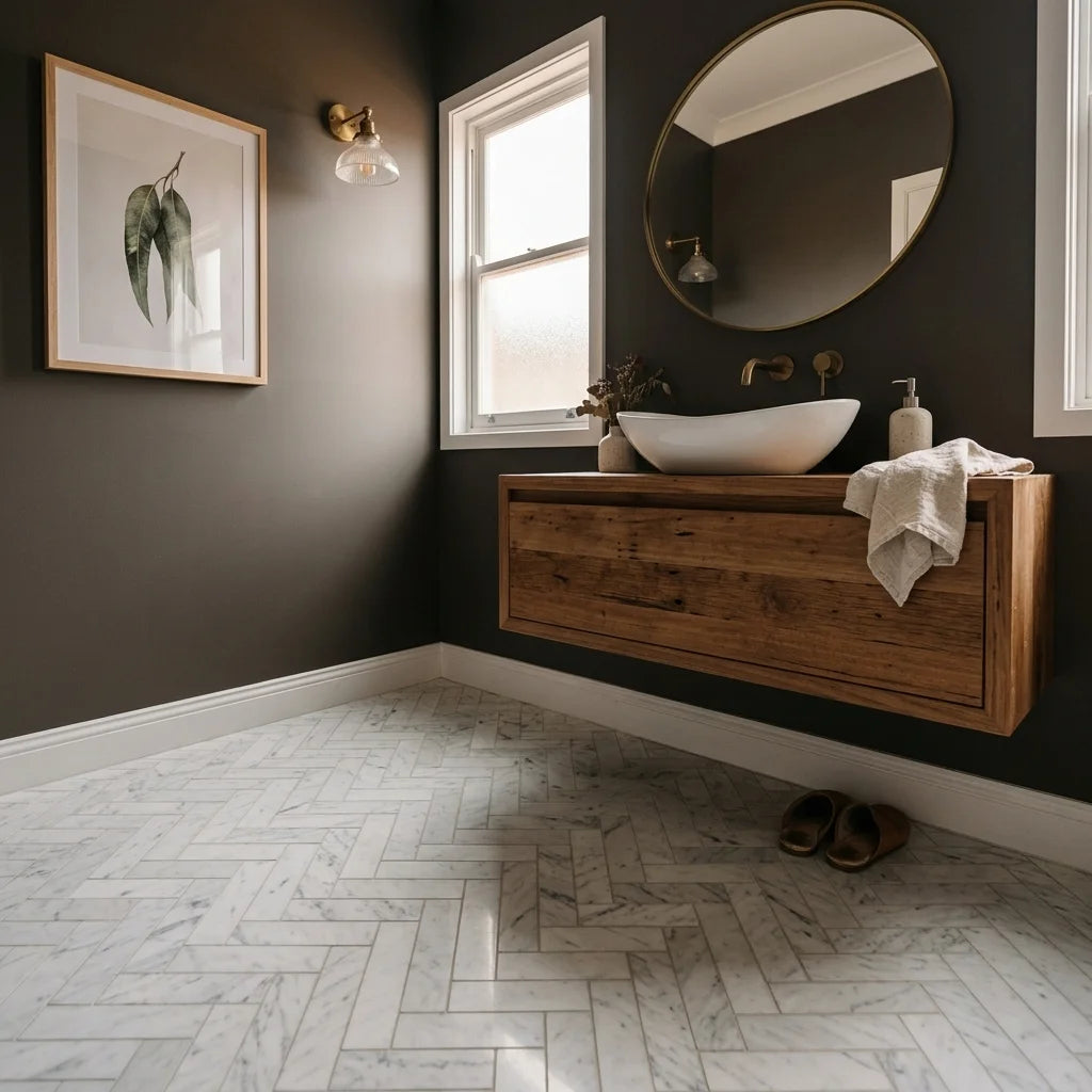 BT620 CALACUTTA LONG HERRINGBONE — powder room