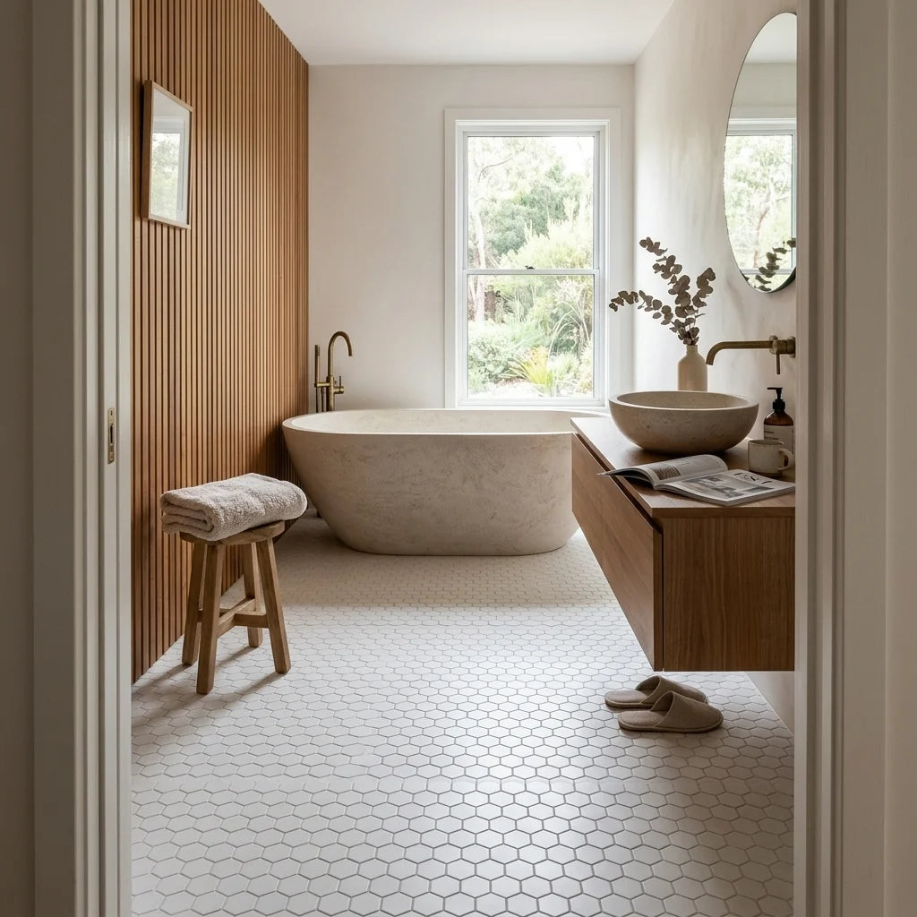 BT628 WHITE MINI HEXAGON SATIN — Japanese-inspired ensuite
