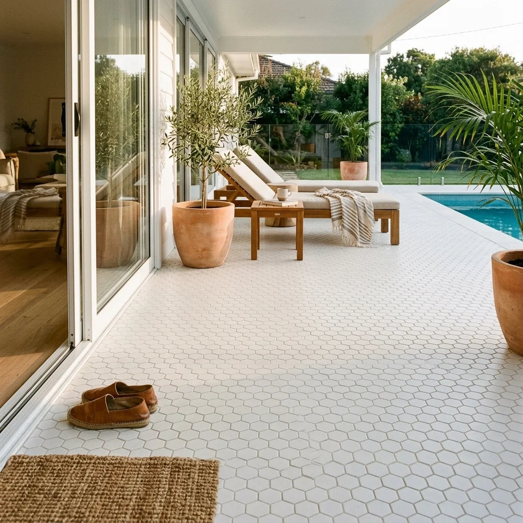 BT628 WHITE MINI HEXAGON SATIN — poolside terrace