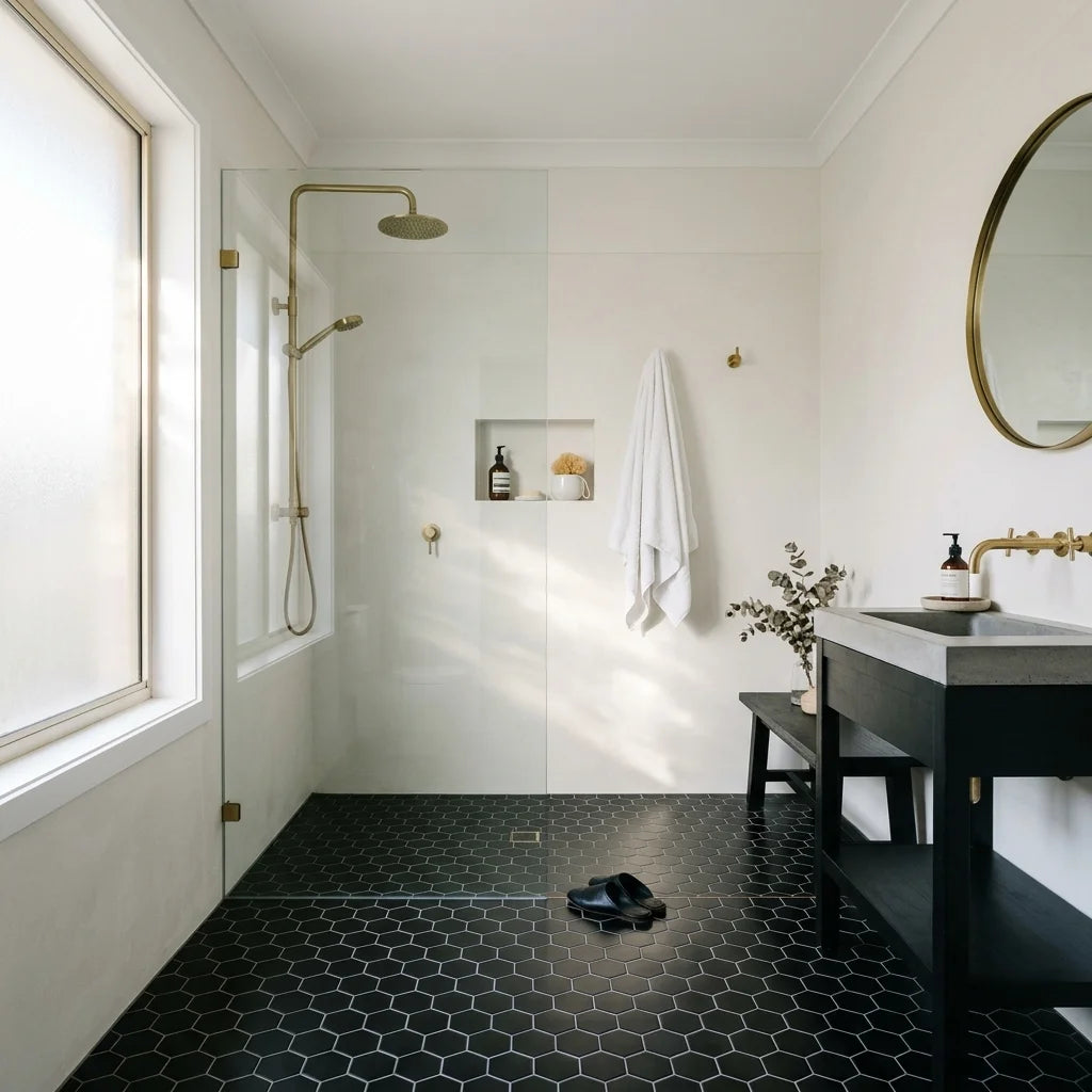 BT629 BLACK MINI HEXAGON POLISHED — walk-in shower
