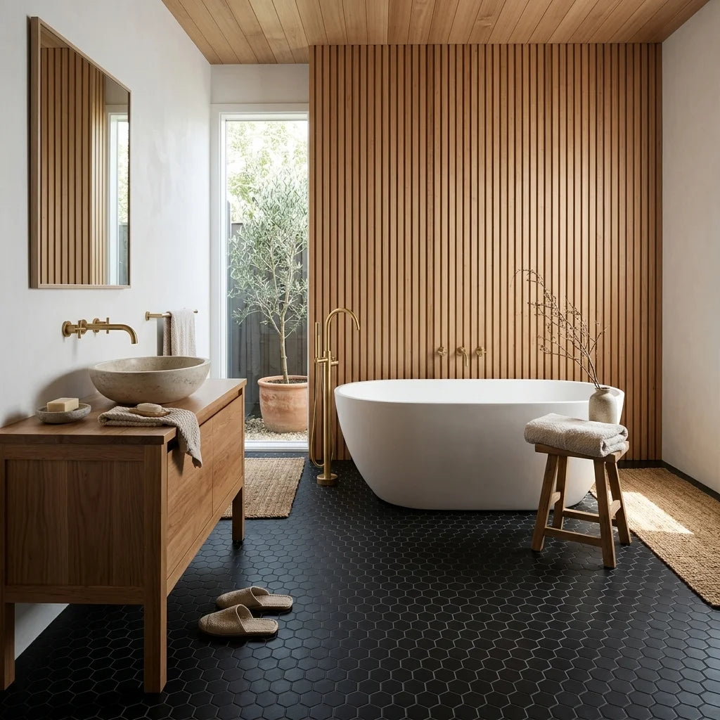 BT630 BLACK MINI HEXAGON SATIN — Japanese-inspired ensuite