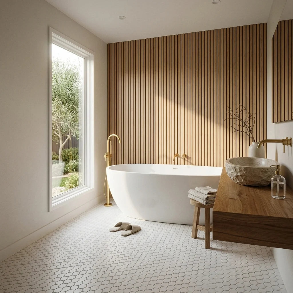 BT631 WHITE MINI HEXAGON POLISHED — Japanese-inspired ensuite
