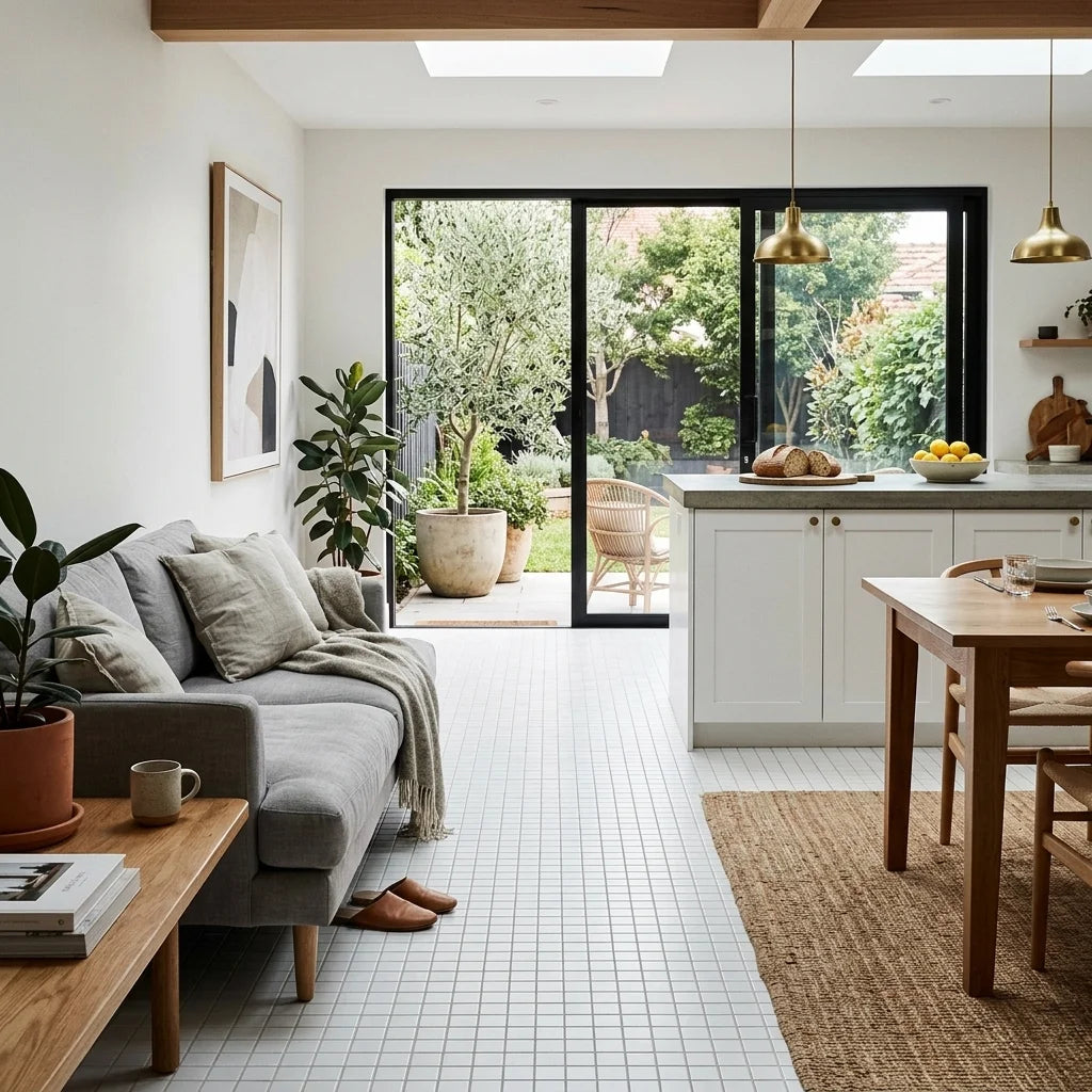 BT634 WHITE SMALL SQUARE SATIN — open-plan living + dining + kitchen