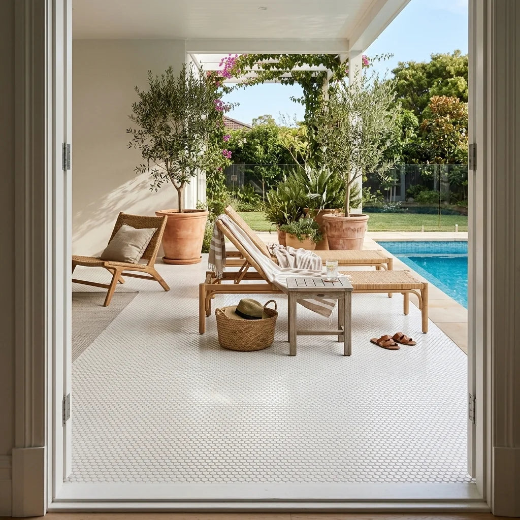 BT643 WHITE PENNY POLISHED — poolside terrace