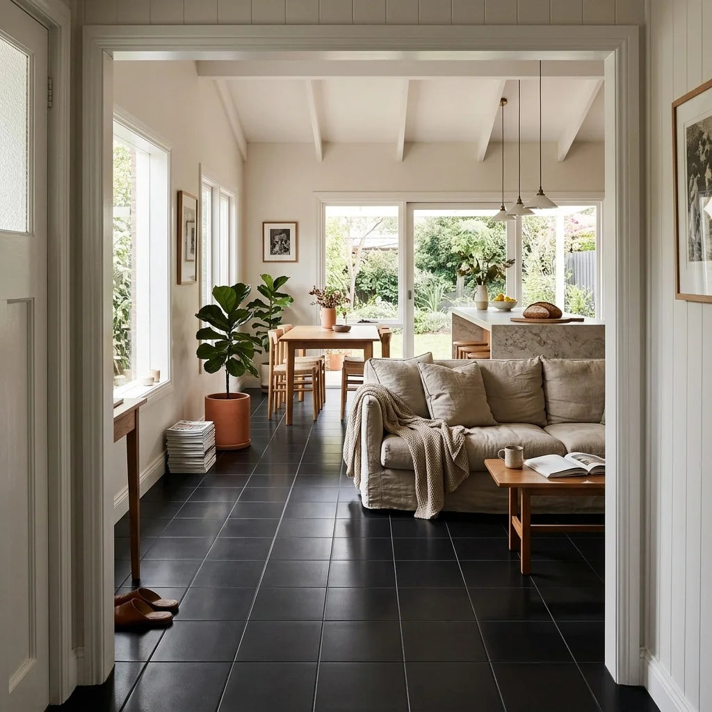 BT644 BLACK SQUARE POLISHED — open-plan living + dining + kitchen