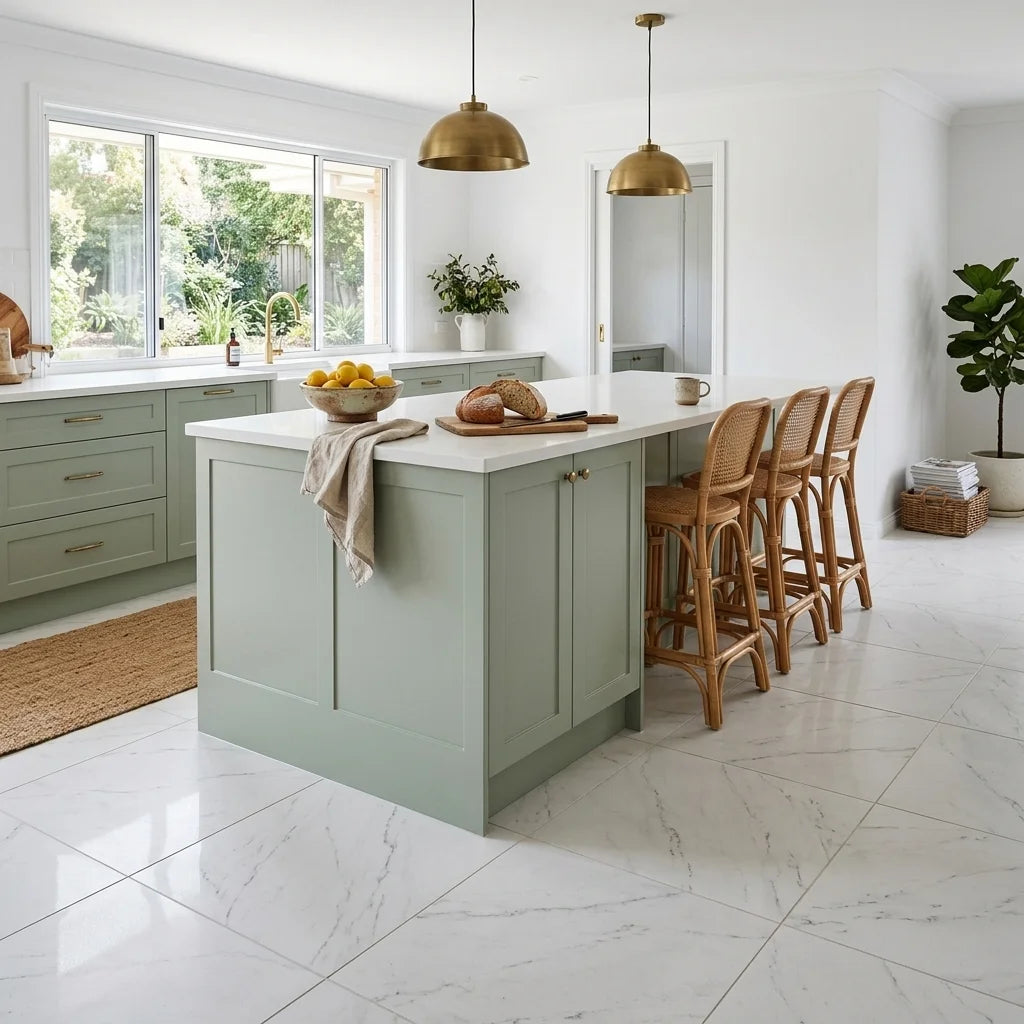 BT645 WHITE SQUARE POLISHED — open-plan kitchen