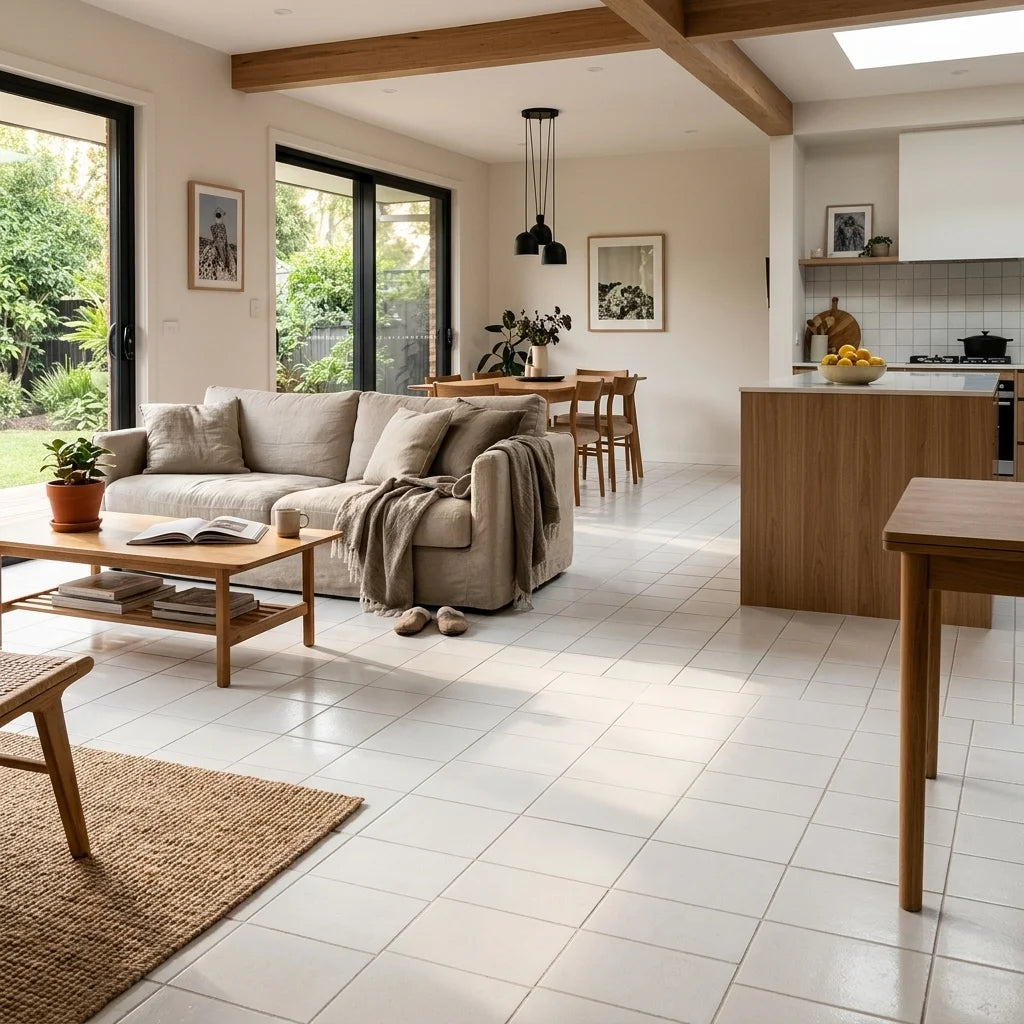 BT646 WHITE Square SATIN — open-plan living + dining + kitchen