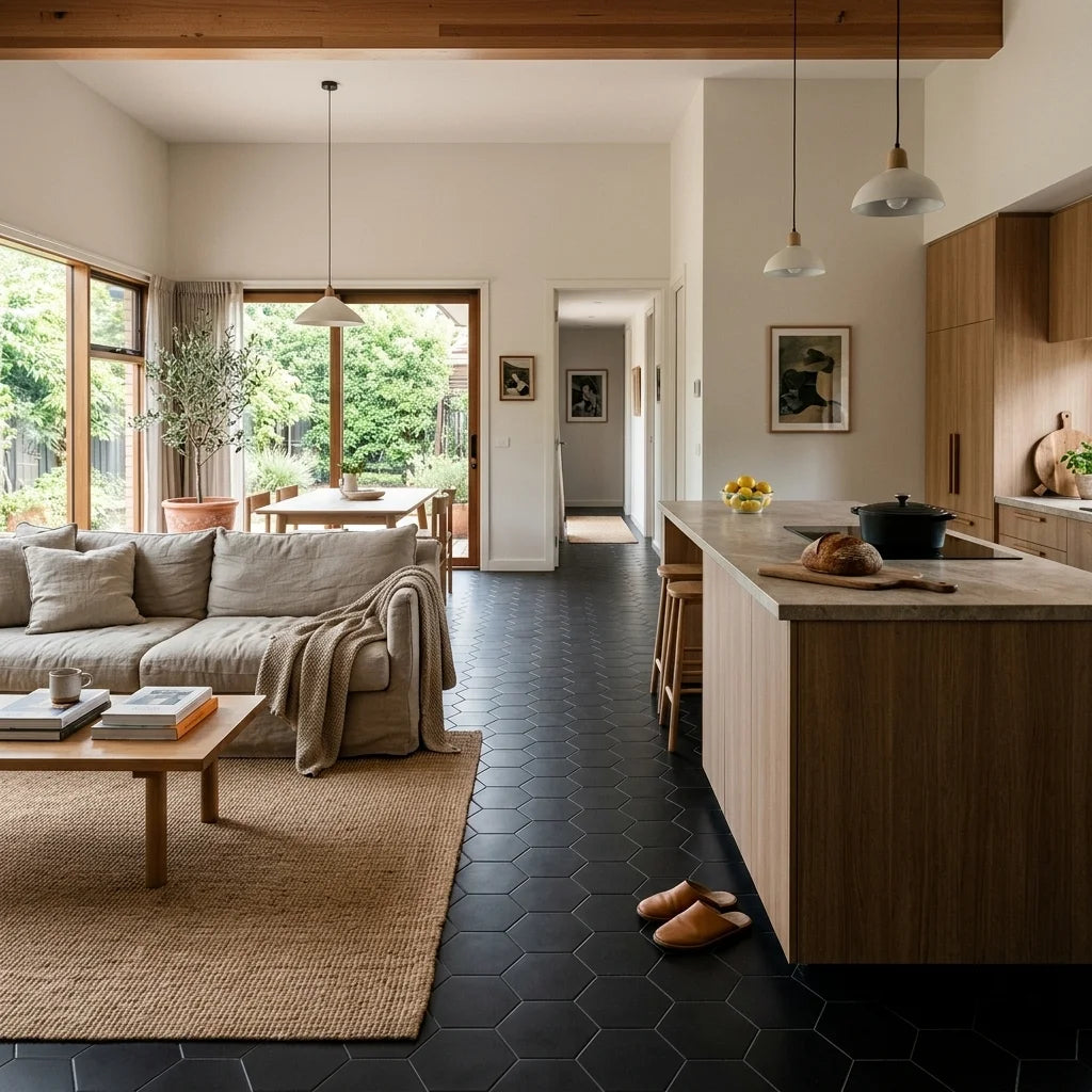 BT655 CLARA BLACK MATT — open-plan living + dining + kitchen