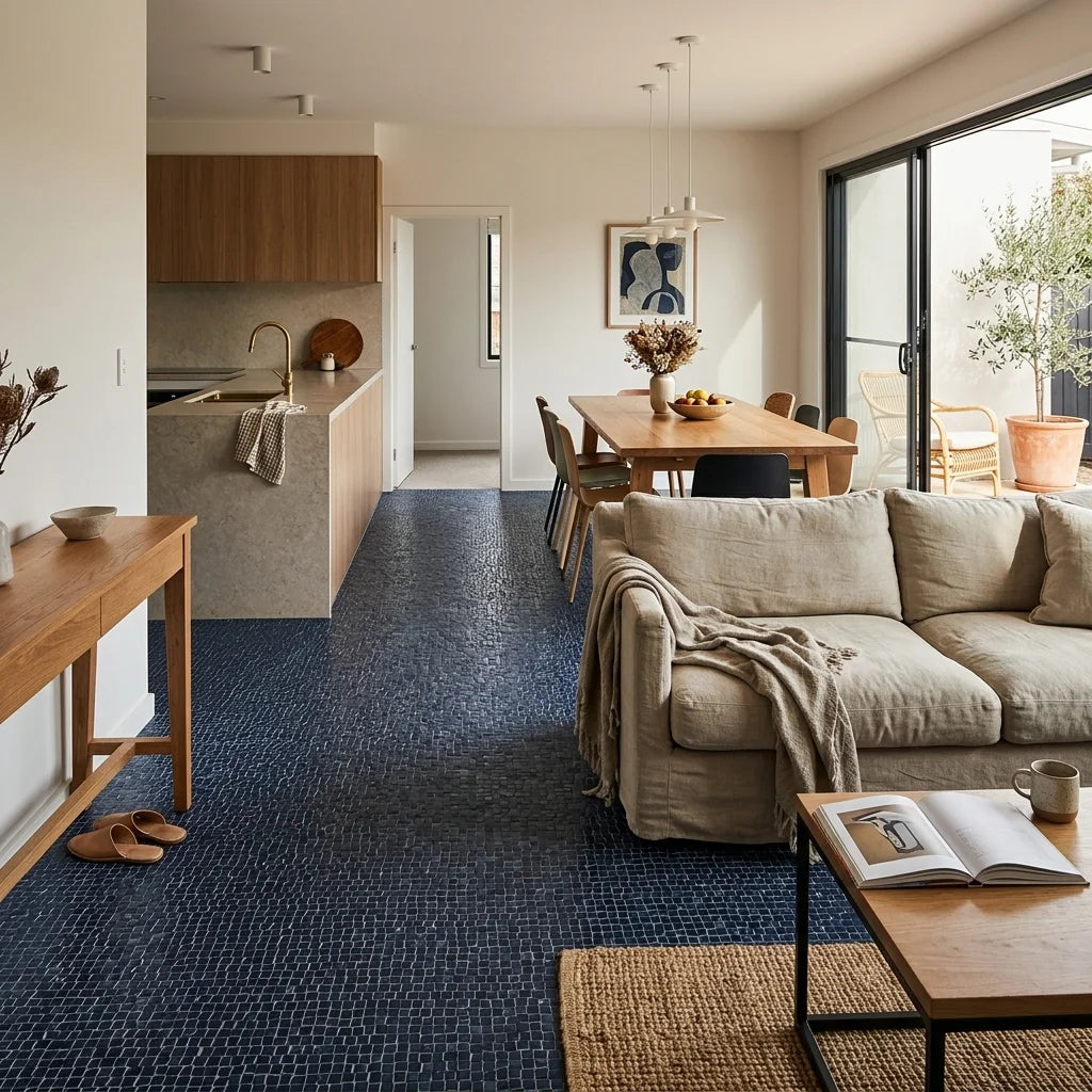 BT659 CLARA NAVY MATT — open-plan living + dining + kitchen
