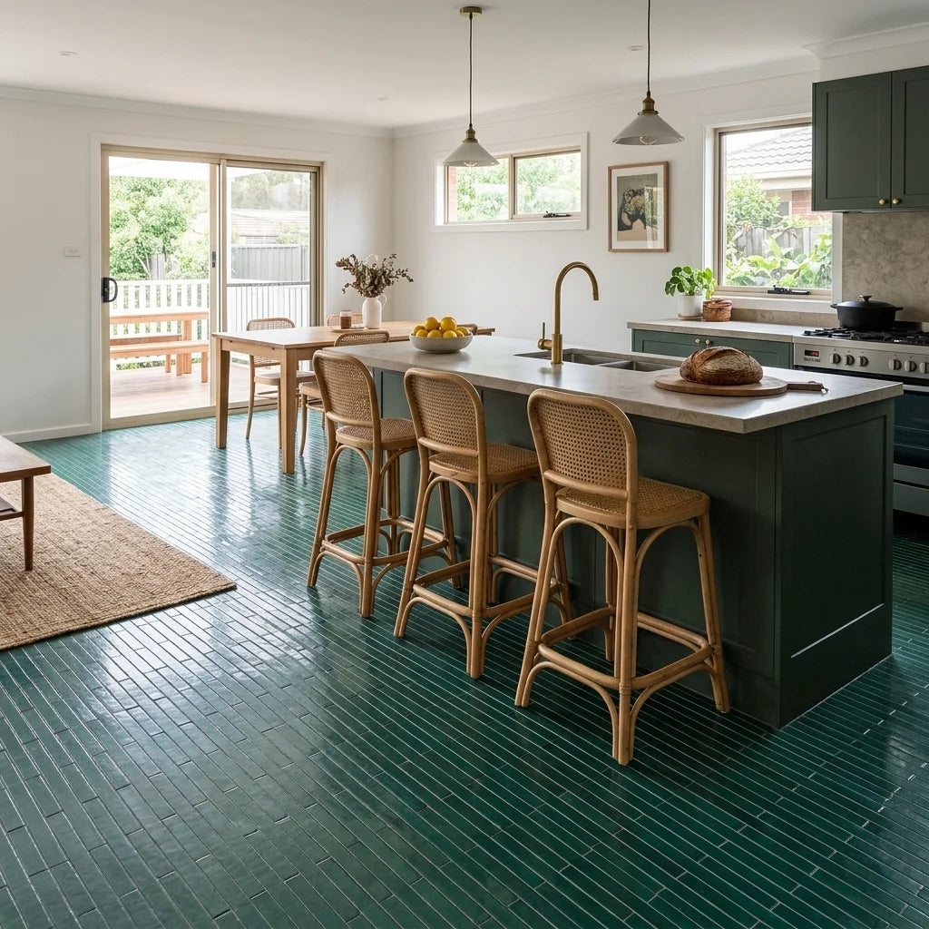 BT663 CLARA GREEN MATT — open-plan kitchen