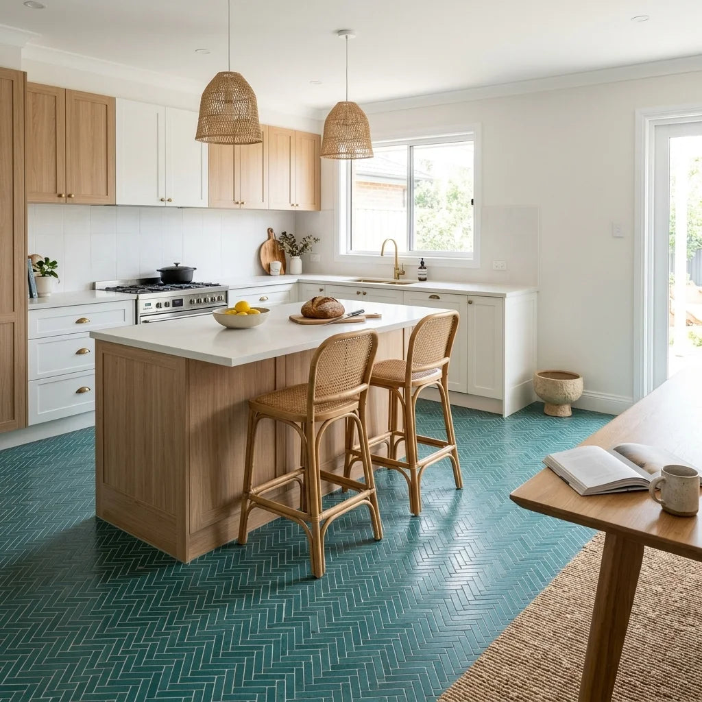 BT671 CLARA TEAL MATT — open-plan kitchen