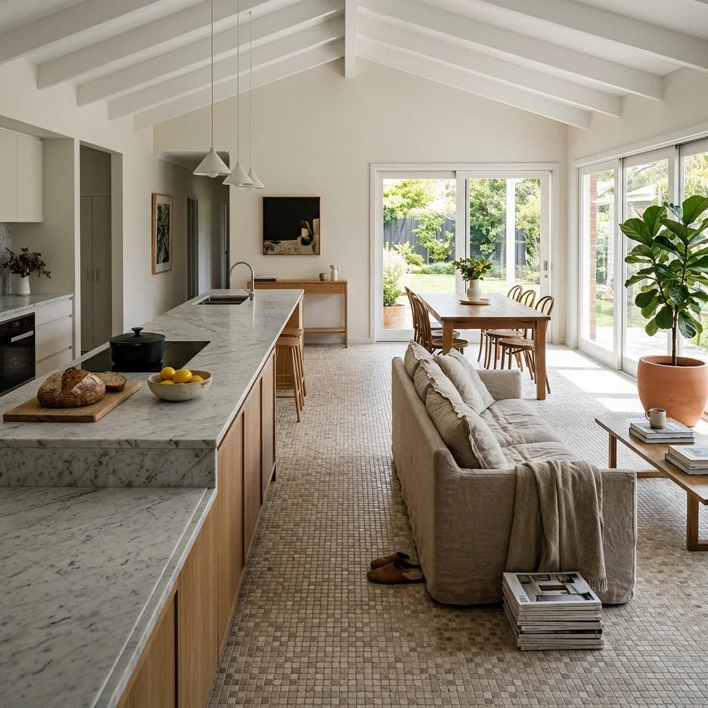BT693 200x200 MATT — open-plan living + dining + kitchen