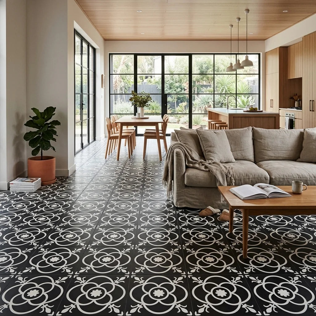 BT695 200X200 MATT — open-plan living + dining + kitchen