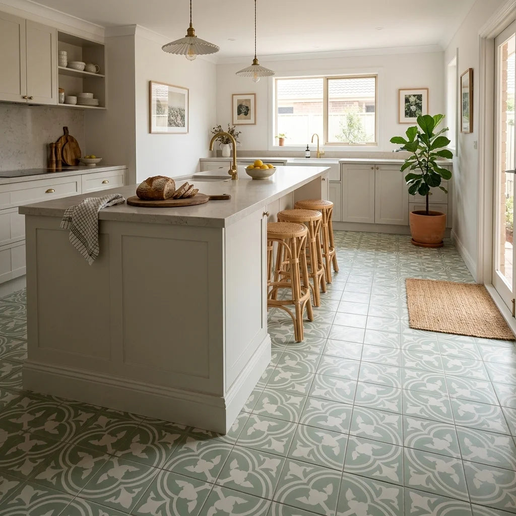 BT696 ASTER GREEN 200X20 MATT — open-plan kitchen