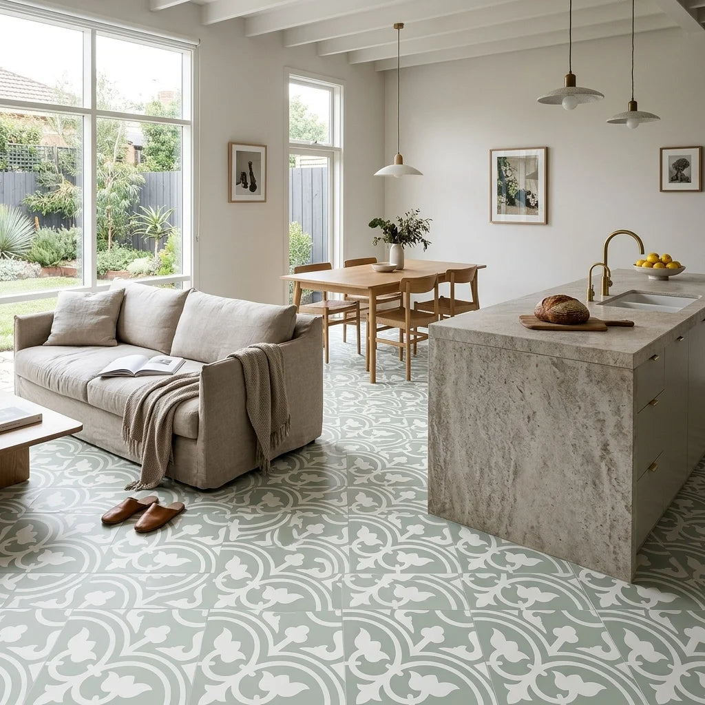 BT696 ASTER GREEN 200X20 MATT — open-plan living + dining + kitchen