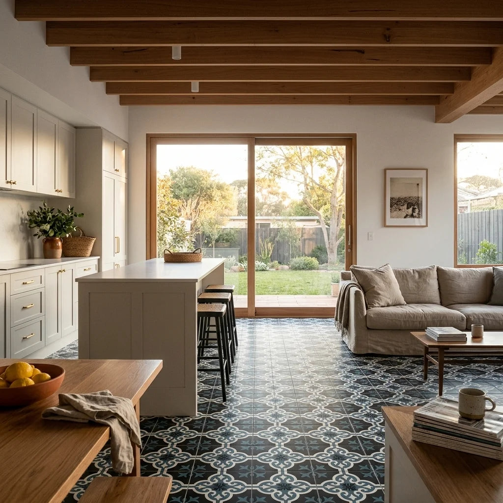 BT699 ASTER DANDELION 200X200 MATT — open-plan living + dining + kitchen