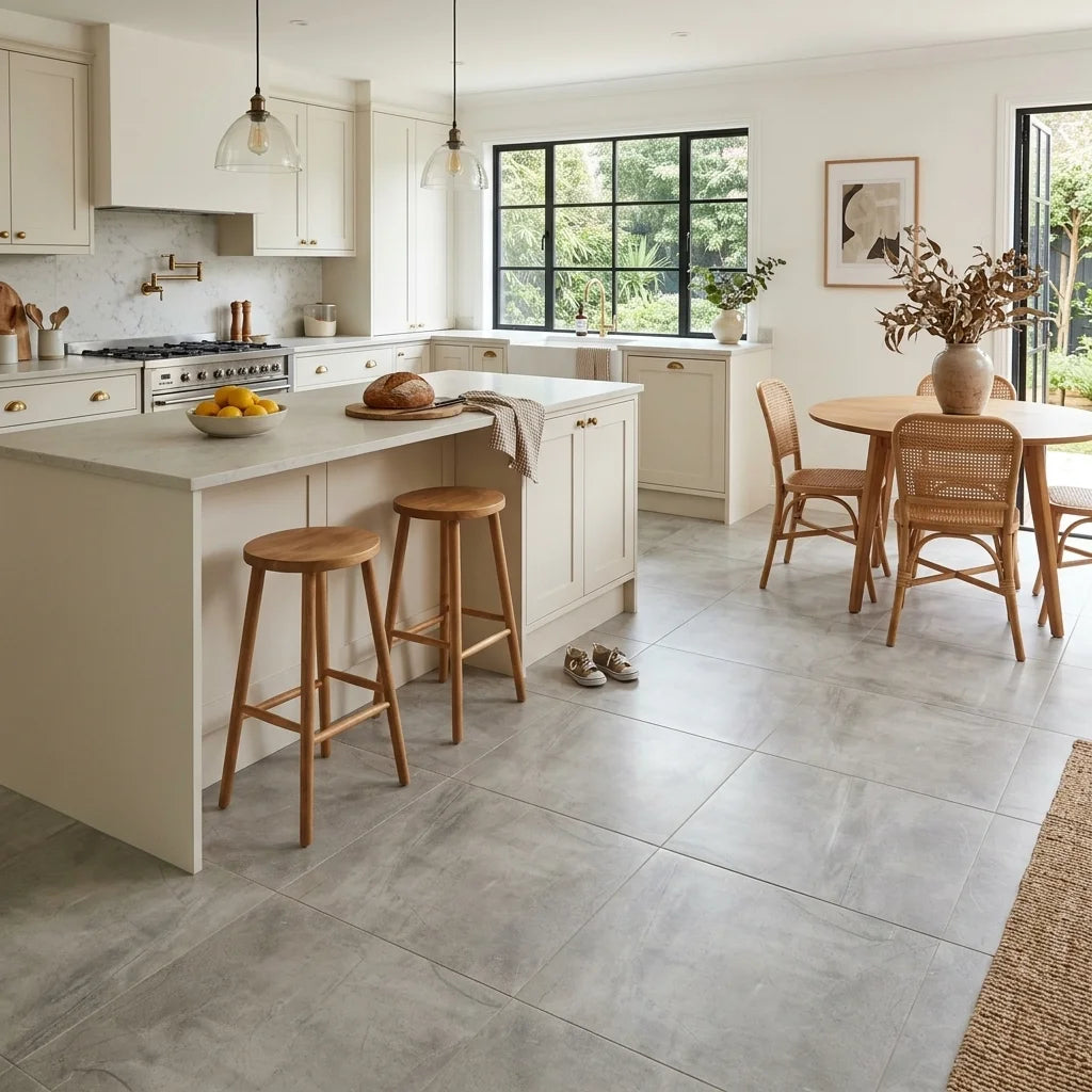 BT705 ASPIRE LIGHT GREY 600X600 POLISHED — open-plan kitchen