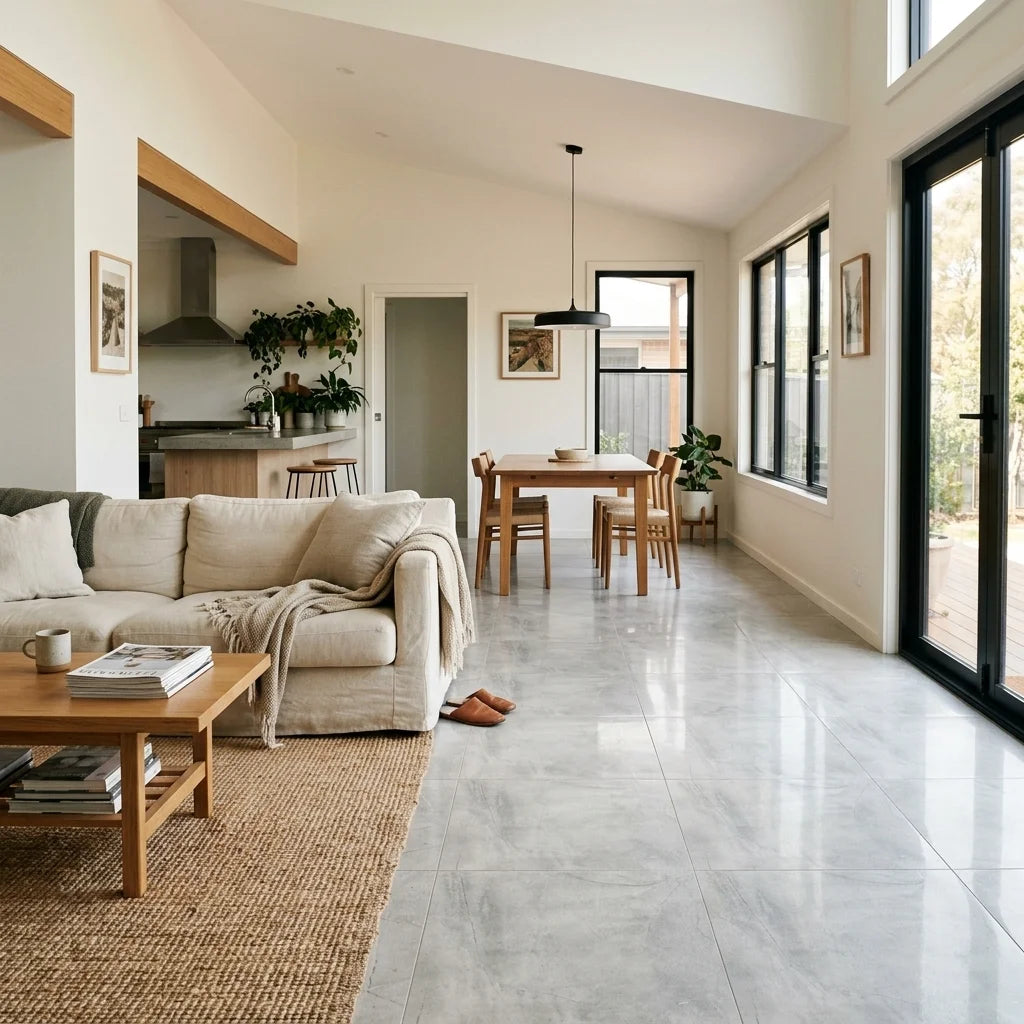 BT705 ASPIRE LIGHT GREY 600X600 POLISHED — open-plan living + dining + kitchen