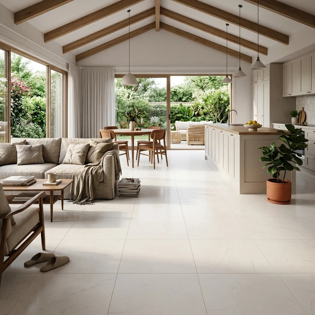 BT707 ASPIRE WHITE 600X600 POLISHED — open-plan living + dining + kitchen