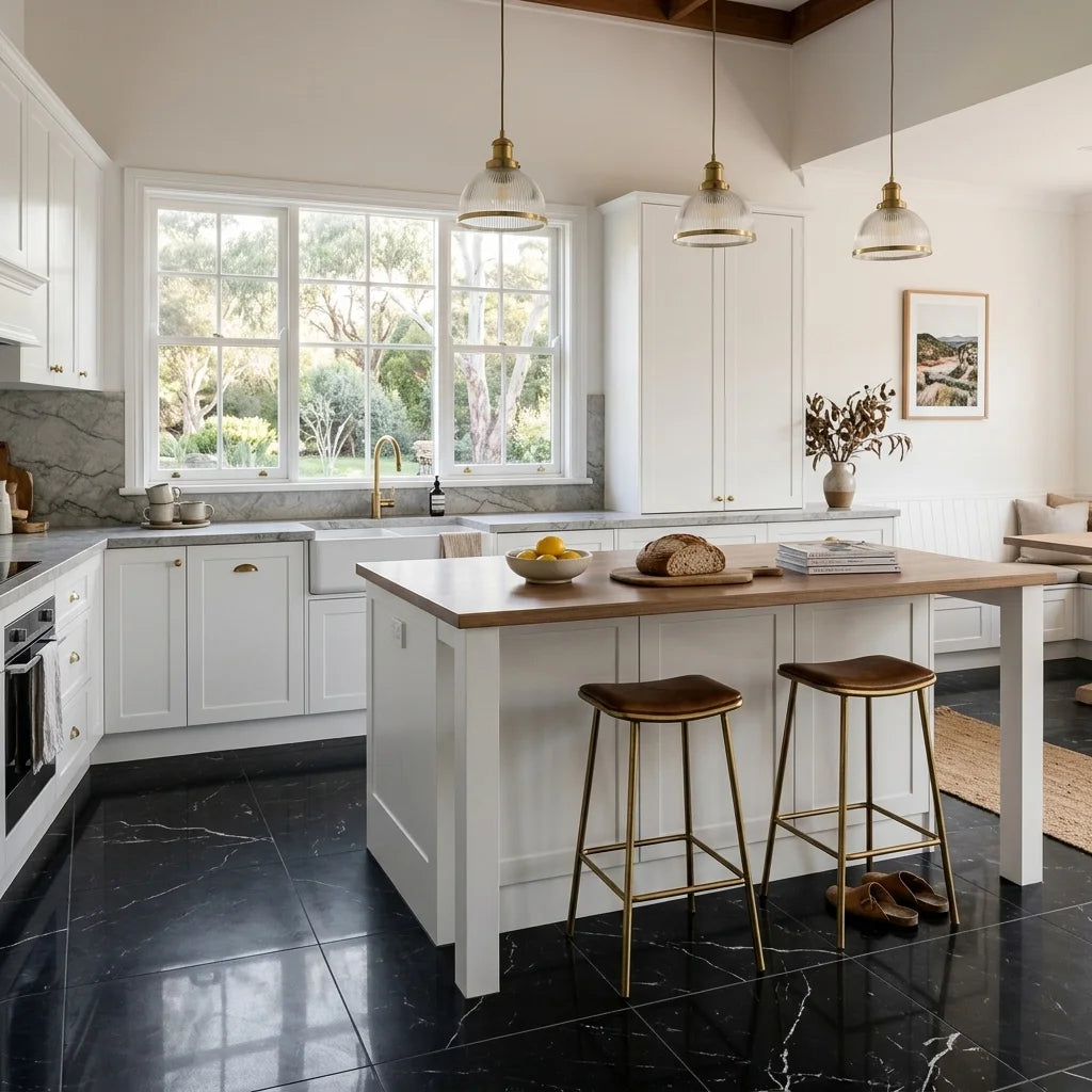 BT734 CLASSY BLACK 600X600 POLISHED — open-plan kitchen