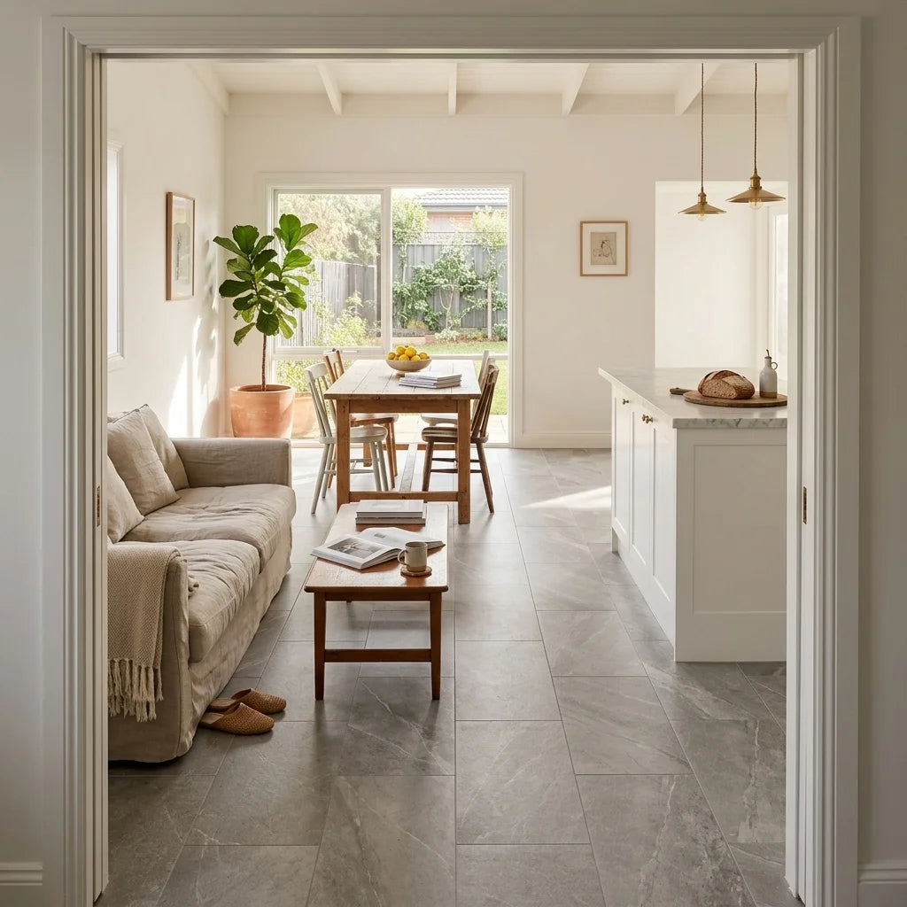 BT740 GREY STONE EFFECT 600X300 MATT — open-plan living + dining + kitchen