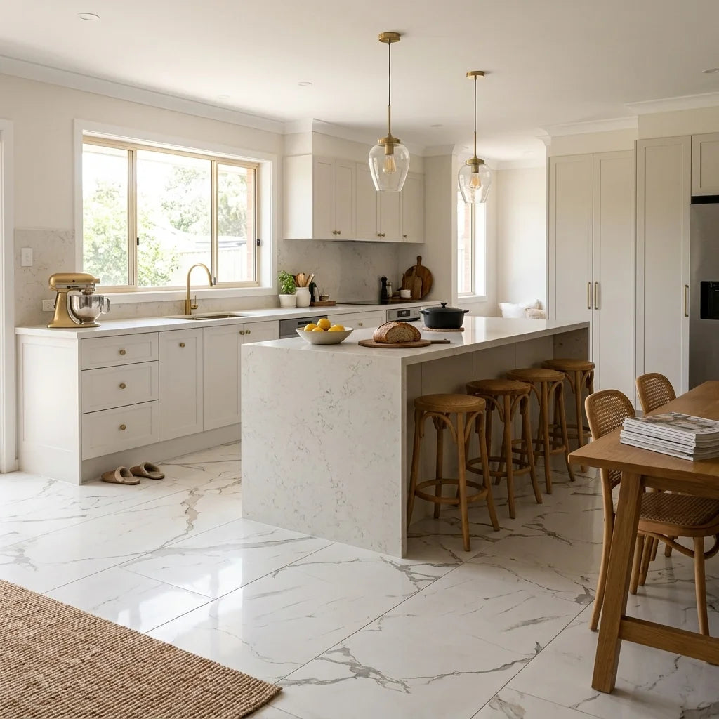 BT805 WHITE HIMALAYA 1200X600 POLISHED — open-plan kitchen
