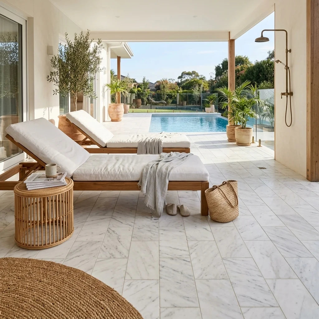 BT807 CARRARA MARBLE 750X1500 POLISHED — poolside terrace