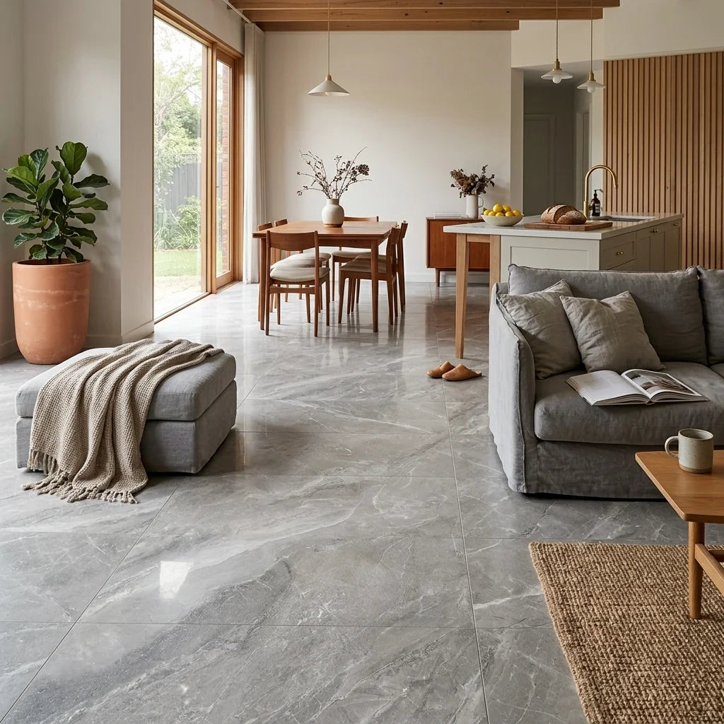 BT808 GALAXY MARBLE 600X1200MM POLISHED — open-plan living + dining + kitchen