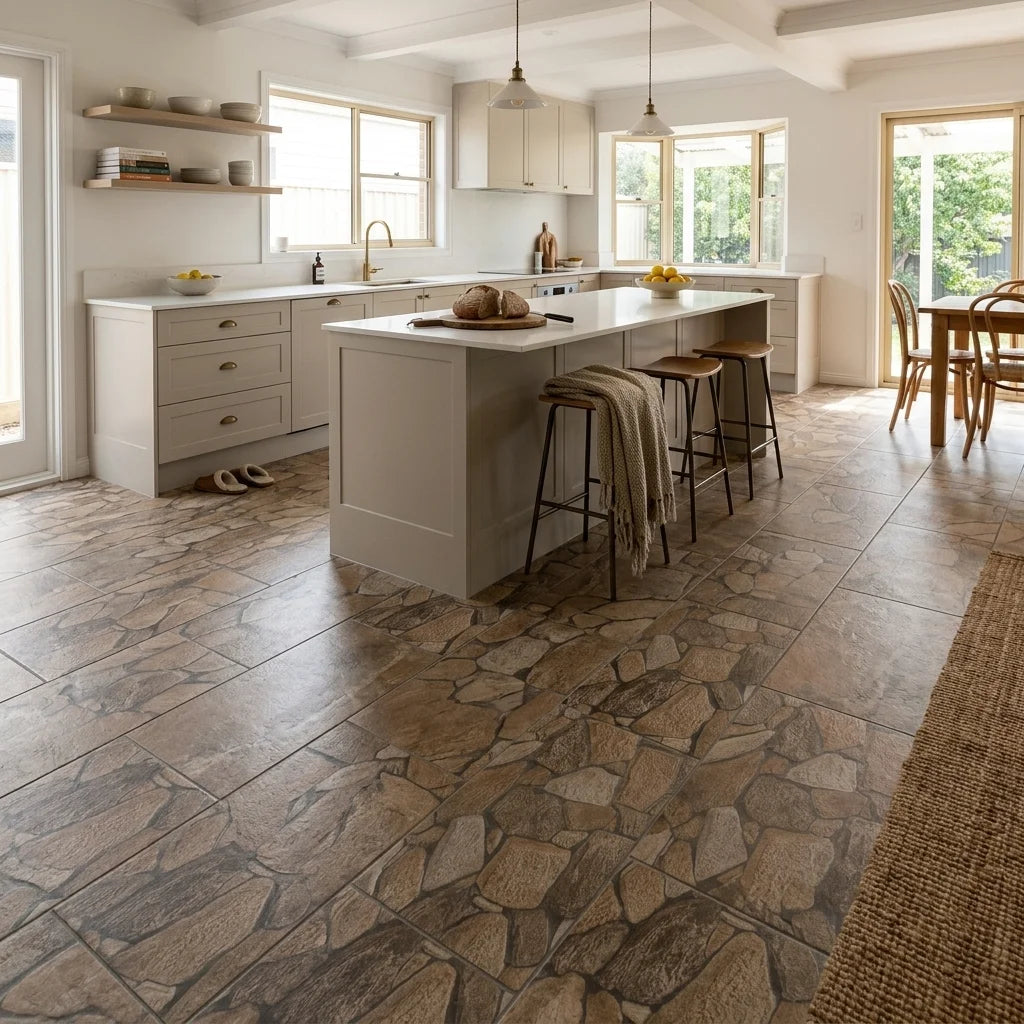 BT817 COBBLESTONE BROWN 600X300 MATT — open-plan kitchen