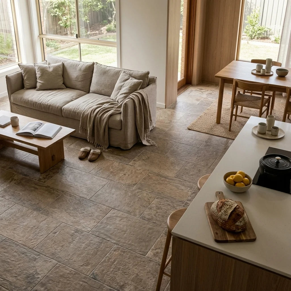 BT817 COBBLESTONE BROWN 600X300 MATT — open-plan living + dining + kitchen