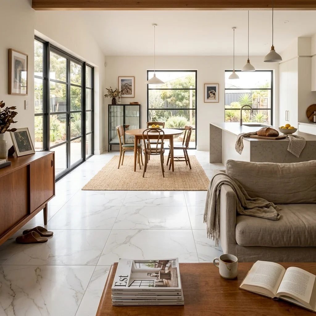 BT821 CALCUTTA MARBLE SATIN 600X600MM — open-plan living + dining + kitchen
